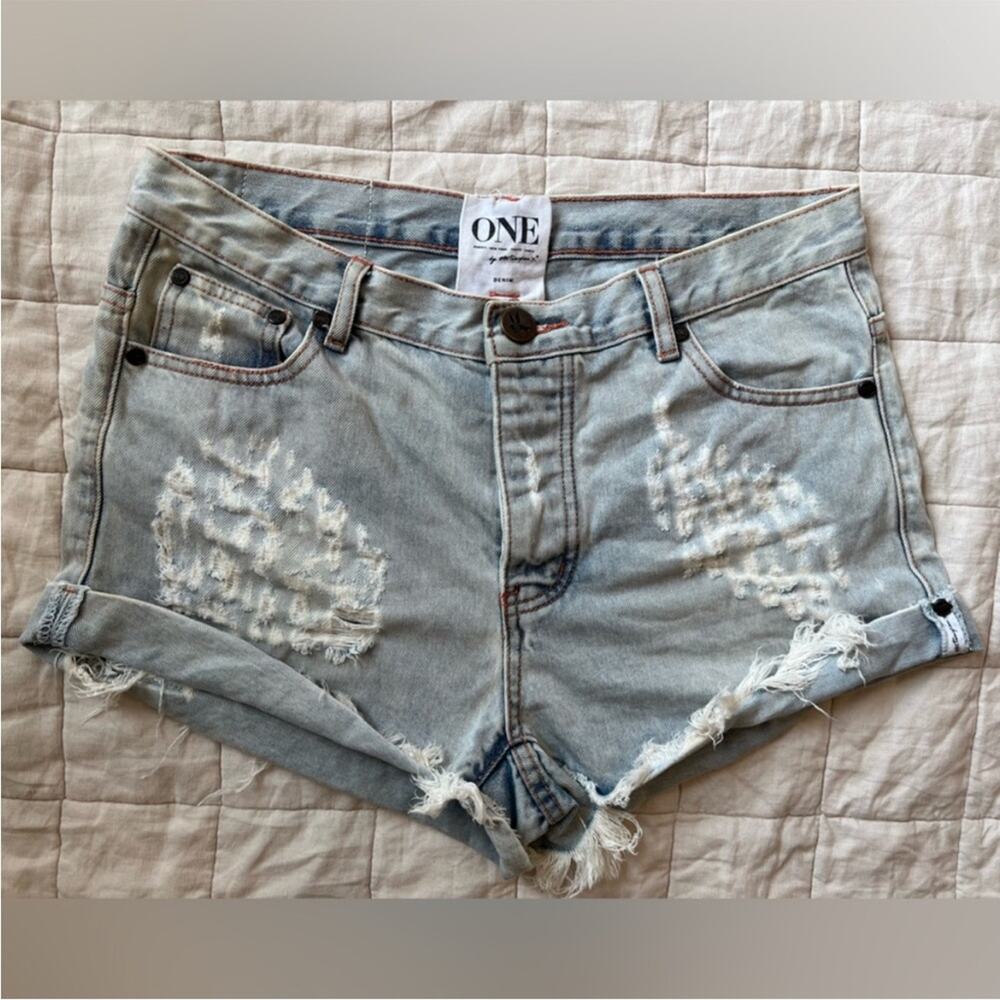 RARE Revolve X One Teaspoon Light Wash Hawks Cheetah Distressed Denim Shorts -30